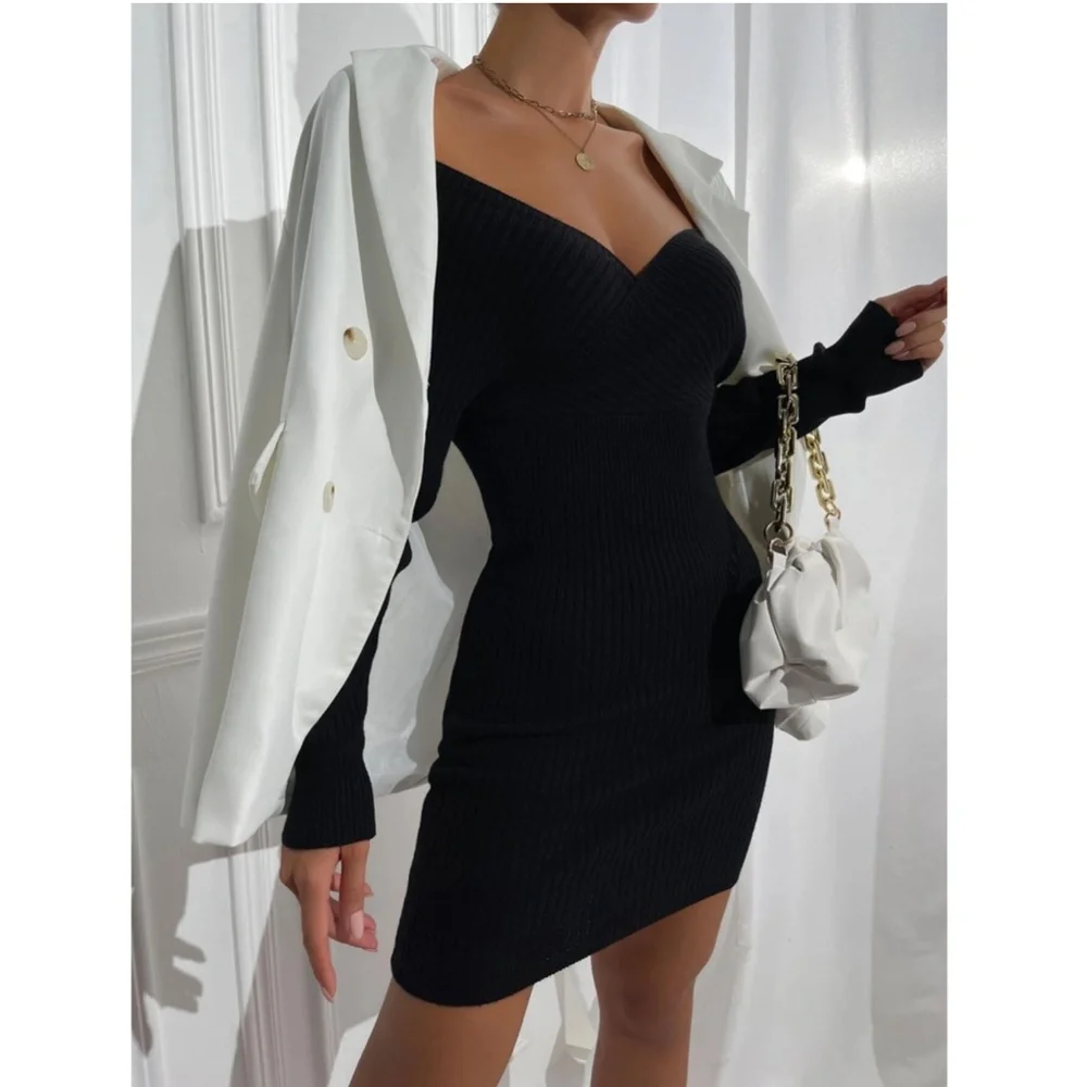 Black Off Shoulder V-Neck Rib Knit Sweater Mini Short Dress Long Sleeve - Picture 5 of 9